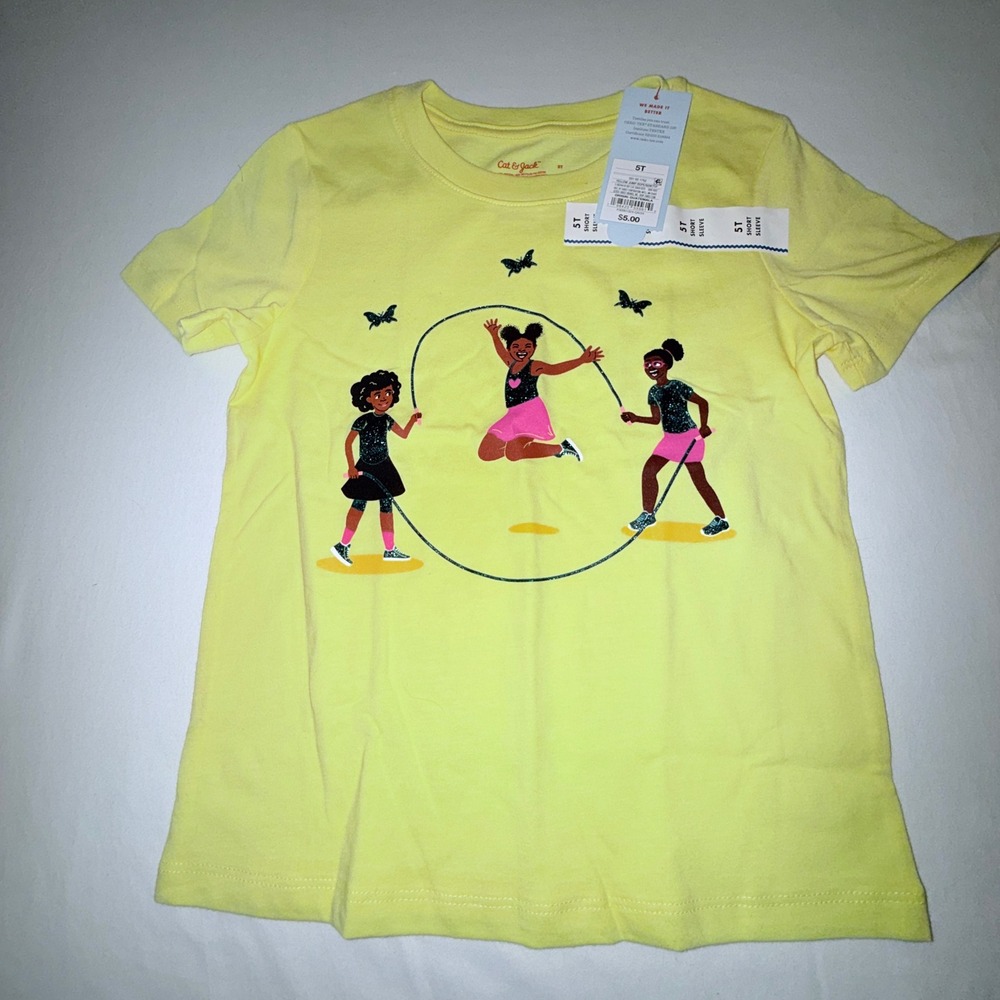 Cat‎ & Jack T-Shirt Kids 5T Yellow New Jump Rope Graphic Glitter Short Sleeve